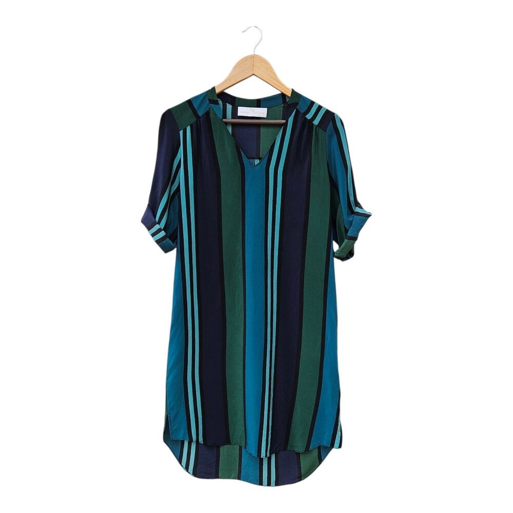 Amanda Uprichard Green Striped Silk Dress Size M Roll Tab Sleeve Knee Length